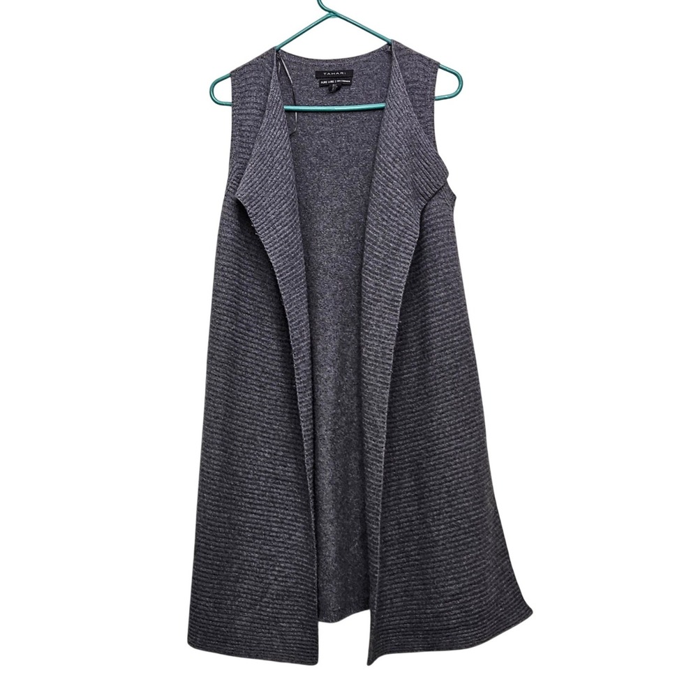 Tahari Cashmere Vest Womens Small Gray Open Front Ribbed Pure Luxe Long Cardigan